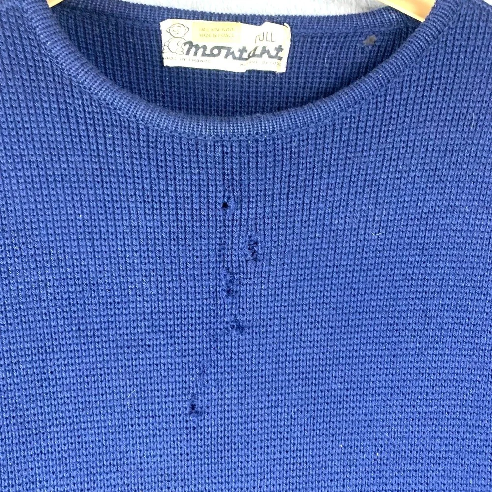 Vintage‎ Montant 100% Wool Sweater Made in France Blue Stripe Shoulders — Repair